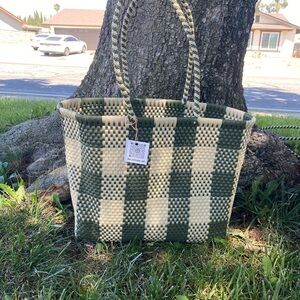 Green and Cream Checkered Tote Bag